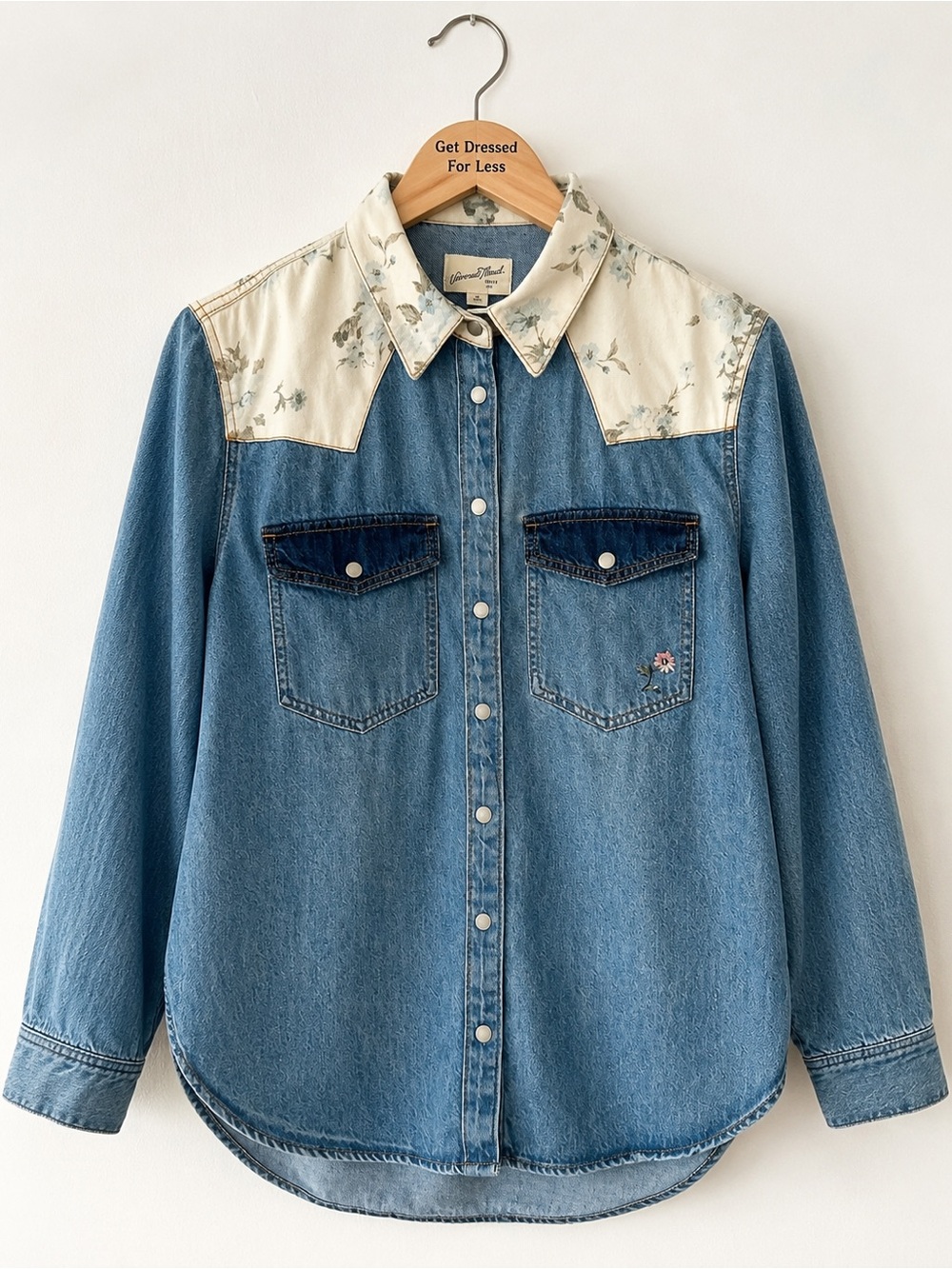 Denim Western Shirt Jacket with Floral Yoke - Light Blue - Picture 1 of 11
